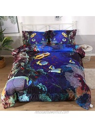 Qucover 3D Comforter Sets Linen Blue Ocean Style Bed Set for Kids Boys Girls 3-Piece Twin