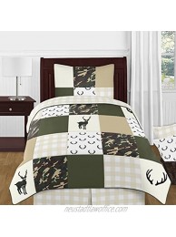 Sweet Jojo Designs Green and Beige Deer Buffalo Plaid Check Woodland Camo Boy Twin Kid Childrens Bedding Comforter Set 4 Pieces Rustic Camouflage