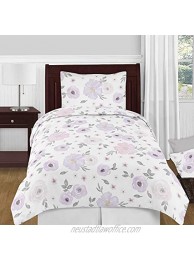 Sweet Jojo Designs Lavender Purple Pink Grey and White Shabby Chic Watercolor Floral Girl Twin Kid Childrens Bedding Comforter Set 4 pieces Rose Flower