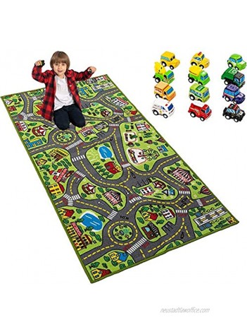 JOYIN Kids Play Rugs with 12 Pull-Back Vehicle Set Durable Kids Carpet Playmat Rug City Pretend Play Toddler Car Track Rug