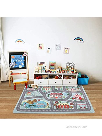 Non-Slip Kids Playmat Rug for Playroom 3'x 5' Blue Washable Children's Educational Rugs Learning & Have Fun Safely City Life Road Traffic Play Mat Carpet for Baby Room Bedroom