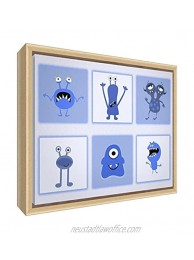 Feel Good Art Eco-Printed and Framed Nursery Canvas with Solid Natural Wooden Frame 64 x 44 x 3 cm Large Blue Monsters