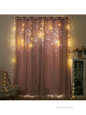 NICETOWN Pink Curtains for Girls Bedroom Kids Room Moon and Star Hollow Out Blackout Curtains for Nursery Double-Layer Grommet Window Drapes for Christmas Decor 52" W by 84" L Set of 2