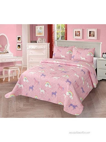Better Home Style Multicolor Pink Purple White Unicorn Unicorns Rainbow Design Kids  Girls  Toddler Coverlet Bedspread Quilt Set with Sham # Rainbow Unicorn Twin
