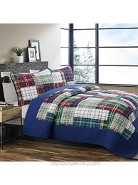 Cozy Line Home Fashions Nate Patchwork Navy Blue Green Red Plaid Cotton Quilt Bedding Set Reversible Coverlet,Bedspread for Boy Men Him England Patchwork Twin 2 Piece