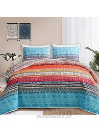 FlySheep 3-Piece Boho Colorful King Quilt Set Bohemian Blue n Red Striped Summer Lightweight Bedspread Coverlet Brushed Microfiber for All Season 104x90 inches