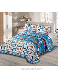 Kids Zone Collection Bedspread Coverlet Kids Teens Sports Soccer Ball Baseball Hockey Stick Football Champion Stars Blue White Red Orange Black Brown New # Sport Two Twin