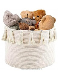 Abetree Tassel Rope Woven Basket Storage with Handle Cotton Laundry Hamper Nursery Basket Blanket Baby Toy Storage Organizer 17.7" x 11.8"