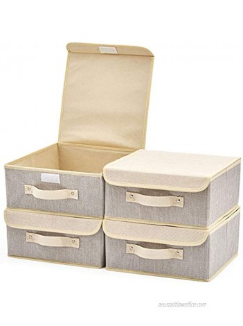 EZOWare 4-Pack Small Fabric Storage Basket Bin with Lid Collapsible Storage Box Cube Organizer Container for Nursery Closet Bedroom 10.5 x 10.5 x 5 inches Gray & Beige