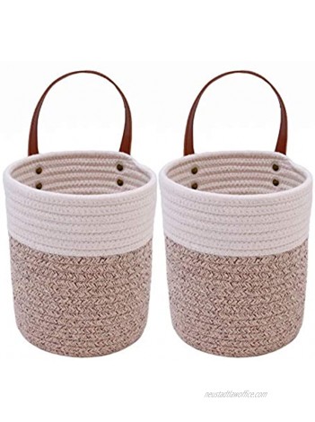 FENG@YE 2 Pack Cotton Rope Woven Hanging Basket 6.7"x7.9" Leather Handles Hanging Woven Wall Basket Set of 2 Small Mounted Farmhouse Flower Plants BasketsWhite Brown