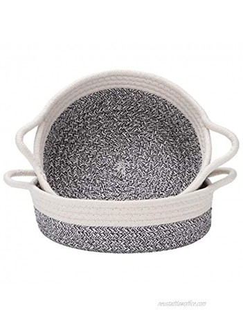 Sea Team 2-Pack Cotton Rope Baskets 10 x 3 Inches Small Woven Storage Basket Fabric Tray Bowl Round Open Dish for Fruits Jewelry Keys Sewing Kits Mottled Grey & White