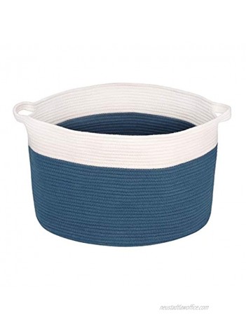 Zilink Large Woven Cotton Rope Basket for Storage 21.7" x 13.8" Decorative Blanket Basket for Living Room with Handles for Blankets Toys Pillow Organizer White & Blue