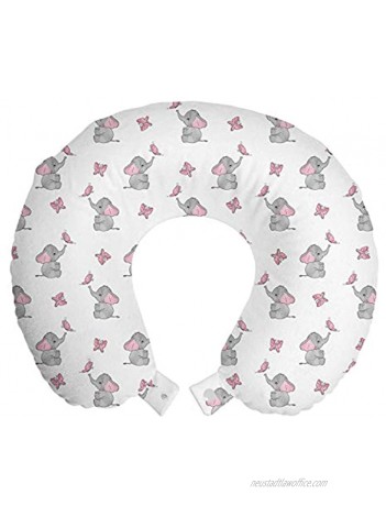 Ambesonne Elephant Nursery Travel Pillow Neck Rest Baby Elephants Playing Butterflies Design Pattern Memory Foam Traveling Accessory for Airplane and Car 12" Grey Pink