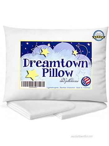 Dreamtown Kids Toddler Pillow with Pillowcase 14x19 White Chiropractor Recommended. Made in USA. Ideal for Daycare Baby Cribs Toddler beds and car Rides.