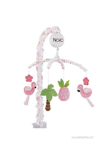 Nojo Tropical Flamingo Nursery Crib Musical Mobile With Plush Pink Flamingos Flowers Palm Tree & Pineapple Pink White Green