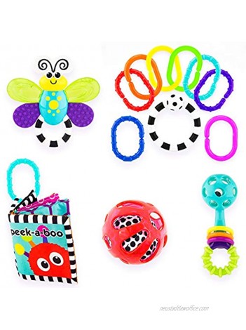 Sassy Baby’s First Developmental Gift Set Includes Peek-a-Boo Soft Book Water-Filled Teether 9 Piece Ring O’ Links Squish & Rattle Ball and Peek-a-Boo Beads Rattle Ages 0+ 80764