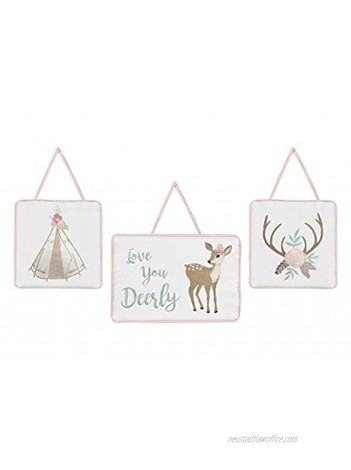 Sweet Jojo Designs Blush Pink Mint Green and White Boho Wall Hanging Decor for Woodland Deer Floral Collection Set of 3