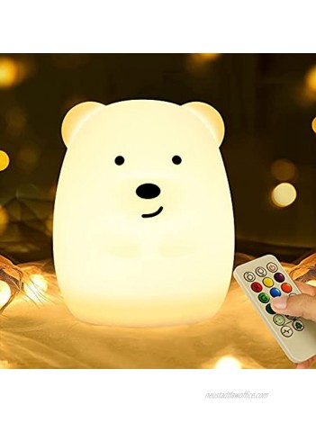 LED Nursery Night Lights for Kids -USB Rechargeable Cute Animal Silicone Lamps with Touch Sensor and Remote Control -Portable Color Changing Glow Soft Cute Baby Infant Toddler Gift Bear