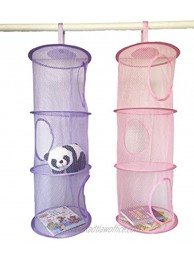 Goldenvalueable Hanging Mesh Space Saver Bags Organizer 3 Compartments Toy Storage Basket for Kids Room organization mesh hanging bag 2 Pcs Set Pink and Purple