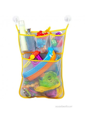 S&T INC. Hanging Bath or Shower Toy Storage Caddy Organizer with Quick Drying Mesh Pockets Hold Kid's Tub Toys Soaps or Shampoos 14 Inch by 20 Inch Net with Hooks Included White and Yellow