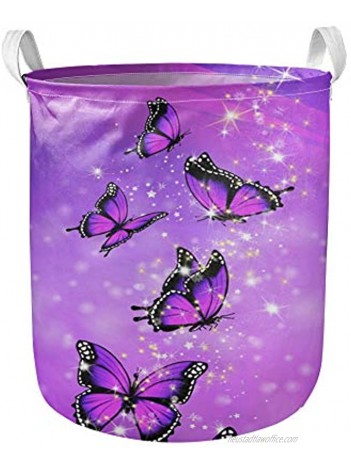 chaqlin Butterfly Laundry Baskets Collapsible Waterproof Cotton Linen Foldable Laundry Hampers Storage Bin Organizer Baskets with Handles for Clothes Toy Nursery Purple