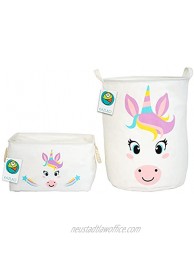 KAZULO Unicorn 2 Pack Set Kids Laundry Basket Toy Boxes For Girls Kids Hamper Cute Nursery Baskets Round and Rectangle for Bedroom and Bathroom Decor Storage for Baby Toys Unicorn Bundle