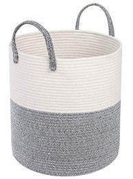 SONGMICS Woven Cotton Rope Basket Toy Storage Bin with Handles Blanket Storage for Pillows Clothes in Living Room Bedroom Gray and Beige ULCB440G01
