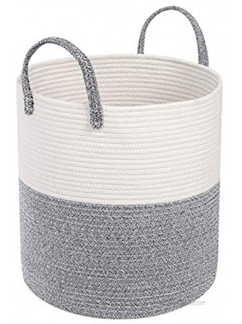 SONGMICS Woven Cotton Rope Basket Toy Storage Bin with Handles Blanket Storage for Pillows Clothes in Living Room Bedroom Gray and Beige ULCB440G01
