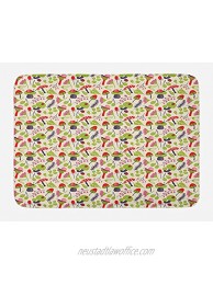 Ambesonne Mushroom Bath Mat Forest Life Themed Pattern with Ladybird Snail Flower and Leaf Characters Plush Bathroom Decor Mat with Non Slip Backing 29.5" X 17.5" Red Green
