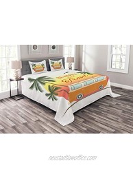 Ambesonne Surf Bedspread Retro Surf Van with Palms Camping Relax Hippie Travel Be Happy Free 60s Theme Decorative Quilted 3 Piece Coverlet Set with 2 Pillow Shams King Size Orange Green