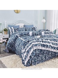 FADFAY Vintage Floral Dovet Cover Set Elegant and Shabby Blue Farmhouse Bedding White Lace and Ruffle Princess Girls Bedding 100% Cotton Ultra Soft Korean Bedding with Bedskirt King Size