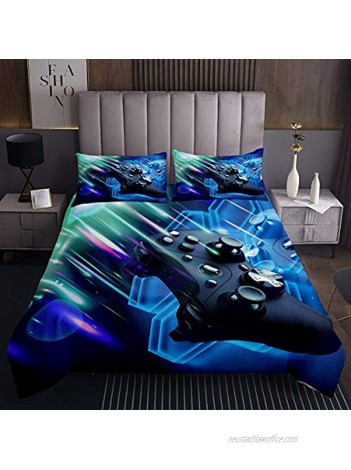 Gamepad Lightweight Bedspread Boys Video Game Coverlet for Kids Teens Youth Galaxy Gaming Controller Quilt Set Games Blue Hexagon Geometric Decor Bed Cover with 1 Pillowcase 2Pcs Bedding Twin