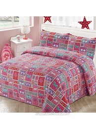 Kids Zone Home Linen Bedspread Set Unicorns Birds Hearts Rainbow Stars for Girls Pink Red Purple Squares Coverlet Quilt Full Queen