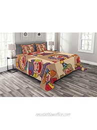 Lunarable Circus Bedspread Funny Clowns Illustration Print Entertaining Childhood Joke Enjoyment Theme Decorative Quilted 3 Piece Coverlet Set with 2 Pillow Shams Queen Size Coral Red
