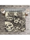 Lunarable Day of The Dead Bedspread Spanish Mexican Festival Theme Skeleton Girl with Flowers Print Decorative Quilted 3 Piece Coverlet Set with 2 Pillow Shams Queen Size Dimgrey Beige