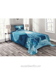 Lunarable Mushroom Bedspread Vivid Mushroom House in Fantasy Forest Landscape Frozen Winter Decorative Quilted 2 Piece Coverlet Set with Pillow Sham Twin Size Sea Blue