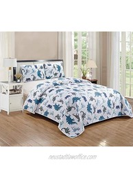 Luxury Home Collection 3 Piece Kids Full Size Bedspread Coverlet Set Dinosaurs Blue White