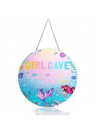 Girl Cave Sign Mermaid Wooden Sign Mermaid Decor for Girls Bedroom Wall Sign Mermaid Hanging Sign No Boys Allowed Except Daddy Round Wood Sign for Girls Baby Bedroom Door Signs Decor