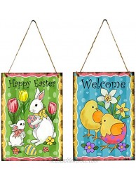 PRETYZOOM 2pcs Happy Easter Welcome Sign Hanging Wood Wall Plaques Wooden Rabbit Chicken Art Board Easter Party Decoration for Front Porch Wall Door Decor