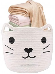 12''X10'' Woven Basket White Toy Storage Basket Cat Design | LONTAN Cotton Rope Basket Collapsible Baby Hamper Cute Bathroom Storage Basket for Clothes Towels