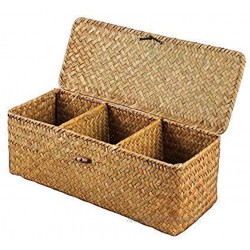 3 Grids Hand-Woven Water Hyacinth Baskets With Lid Straw Storage Basket yellow