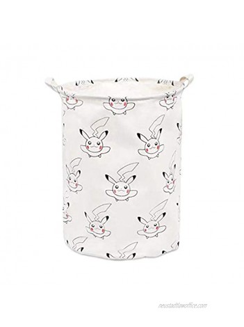 Canvas Pikachu Storage Basket with Handle Large Organizer Bins for Dirty Laundry Hamper Baby Toys Nursery Kids Clothes White Collapsible Closet 15.7 inch x 19.6 inch