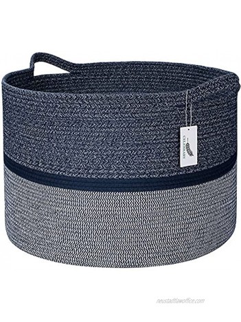 Celebraby Extra Large Cotton Rope Basket 22 x 22 x 14 Woven Storage Baskets for Blanket Nursery Living Room Baby & Kids Toys Home Decor – Navy Blue Natural Laundry Hamper with Sturdy Handles