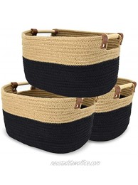 Cotton Rope Woven Storage Baskets Bin Set of 3 Collapsible Cotton Rope Storage Baskets with Handles Decorative Woven Basket for Decoration and Organizing Baby Diapers Toy Blanket ClothesBlack