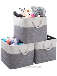 DDFUSM Large Foldable Storage Baskets Set 3 Pack 13 x 13 x 13inch Linen Fabric Collapsible Storage Cubes with Cotton Handles for Home Toys Clothes Kids Room Closet StorageGrey Off White