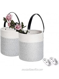 Hanging Wall Rope Basket Set of 2 with 2 Free Wall Hooks ,Small Wall Basket Organizer Hanging Baskets Wall Woven Hanging Storage Basket For Plants Flowers Toys Toiletries Baby Nursery and Home Décor Gray white