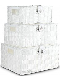 Honygebia White Woven Storage Baskets Decorative Nesting Boxes with Lids and Locks Easy Clean Set of 3
