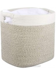 LA JOLIE MUSE Medium Rope Basket with Sturdy Handles for Sweatshirt Blankets Baby Toys Books Rectangle Storage Basket Hamper for Nursery Living Room 15”L x11’’W x 14”H White & Brown