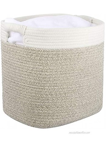 LA JOLIE MUSE Medium Rope Basket with Sturdy Handles for Sweatshirt Blankets Baby Toys Books Rectangle Storage Basket Hamper for Nursery Living Room 15”L x11’’W x 14”H White & Brown