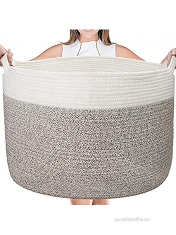 Large Cotton Rope Basket 22" x 22" X 14" Blanket Storage Basket Woven Baby Laundry Basket with Built-in Handles for Blanket Storage Nursery Basket Soft Storage Bins White & Brown